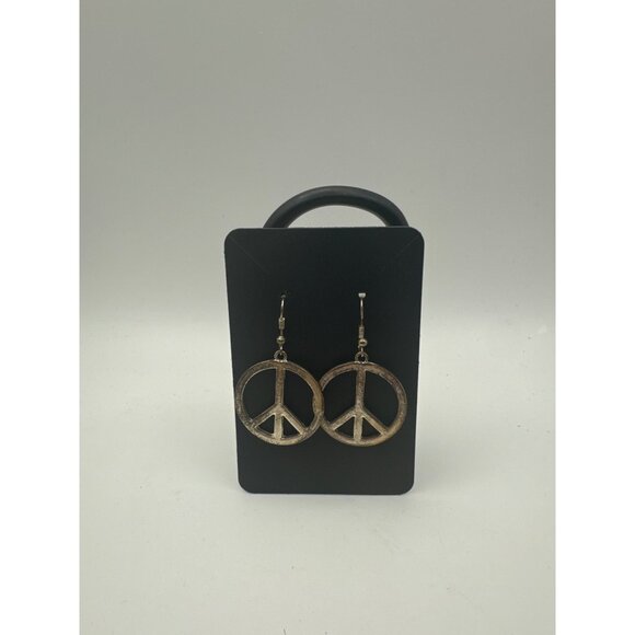 Vintage-Inspired Peace Symbol Dangle Earrings Rustic Metal Finish Boho-Chic - Picture 1 of 4